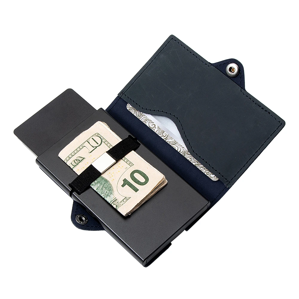 Dropshipping Custom Genuine Real Leather Metal Smart Card Holder Rfid Secure Pop Up Business Wallet with Money Strap and Zipper