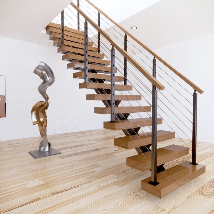 Mono metal stringer floating stairs system with cable railing and  timber treads meet with USA/ European building  code