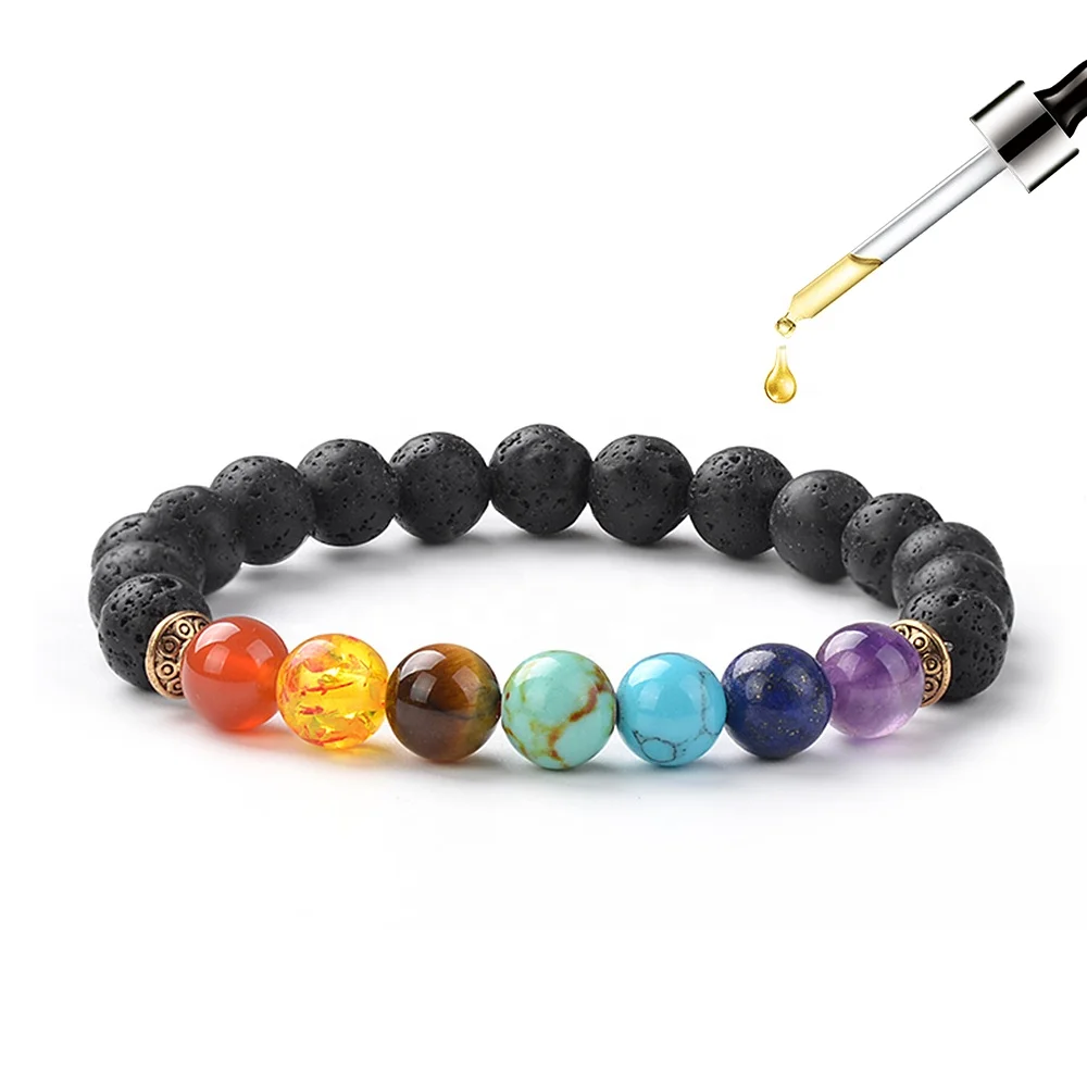Handmade Yoga inspirational jewelry Natural Lava Stone essential oil diffuser 7 Chakra Bead Bracelet