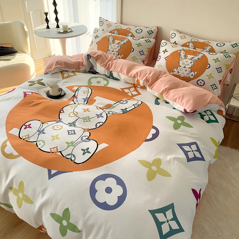 Brushed Cotton 4-In-1 Bedding Set Brown White King Size Duvet Cover Bed Sheet Bedding Set