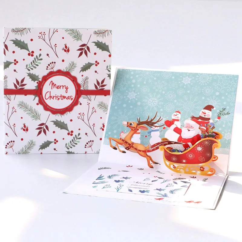 Three-dimensional Christmas Deer Cart Pop Up Card Message Blessing Merry Christmas Greeting Cards