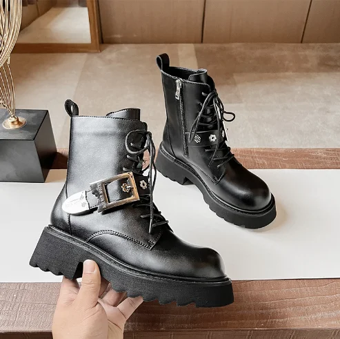 High Quality Custom Anti-slip Lace Up Sole Genuine Leather Plush Fluffy Ladies Mid-calf Boots Women Winter Boots For Women