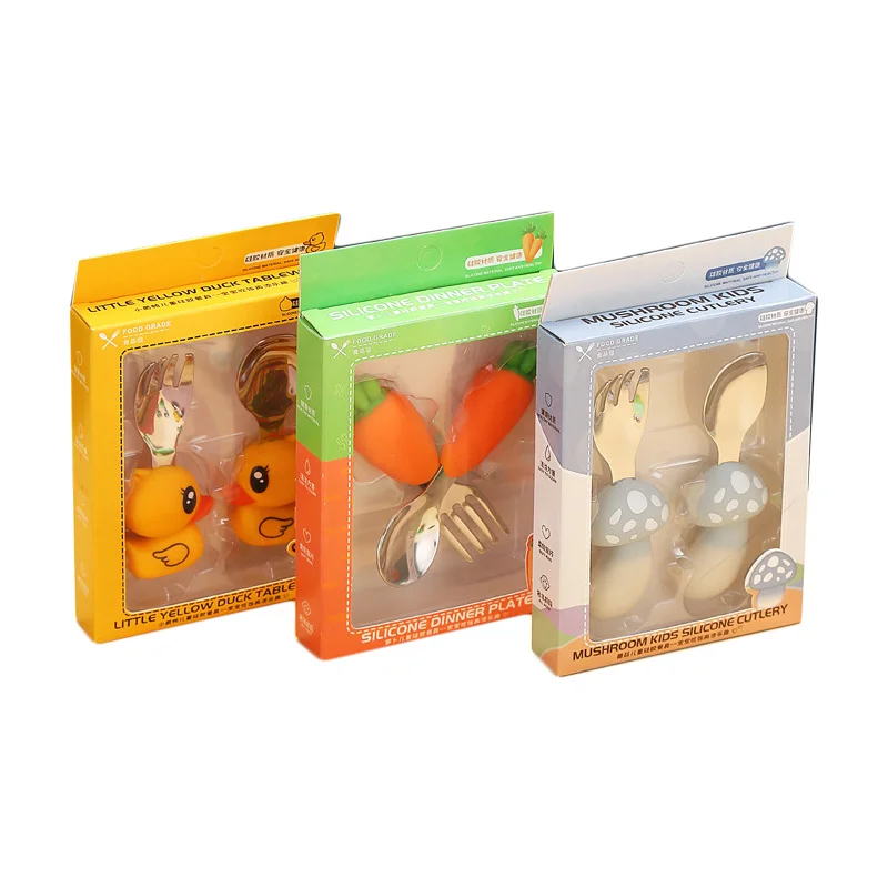 2023 New Baby Spoon And Fork Set Mushroom Strawberry Corn Carrot Duck Stainless Steel Silicone Fork And Spoon For Baby