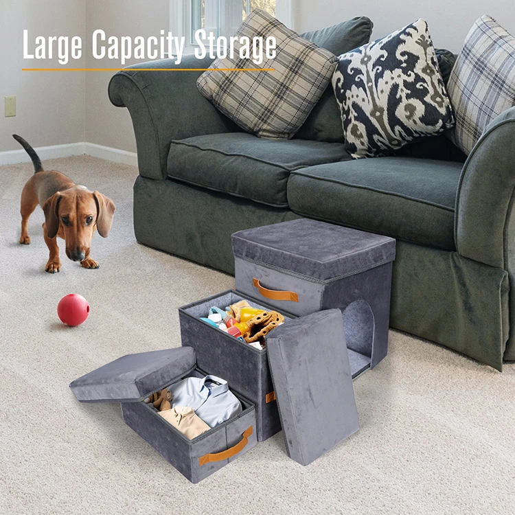 Luxury 3 layers dog stairs gray durable pet ramp steps with storage function for high sofa