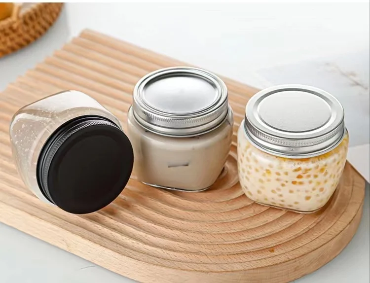 High Quality Screw Lid Square Transparent Food Storage 200ml Mason Honey Jam Glass Jar
