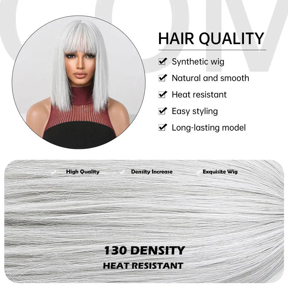 Wholesale White Silver Short Straight Synthetic Wigs with Bangs Platinum Blonde Bob synthetic hair braiding wigs for african