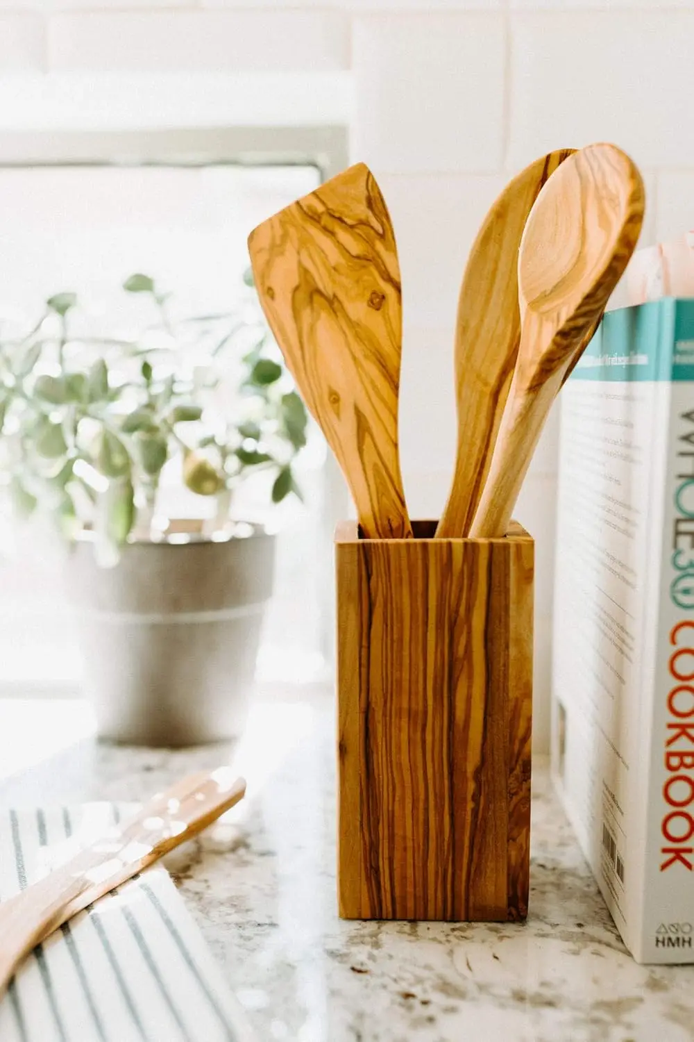Olive Wood Utensil Holder 6 Inch Tall Square Wooden Crock for Kitchen Tools and Cooking