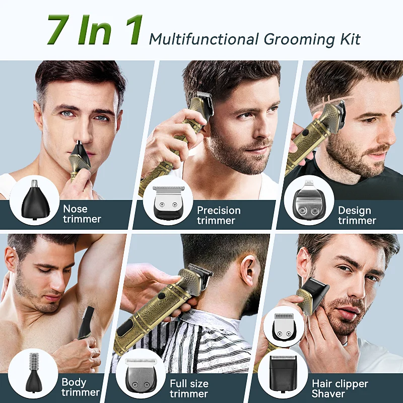 Lcd Display 7 in 1 Electric Professional Metal Waterproof Rechargeable Trimmer Hair Clipper