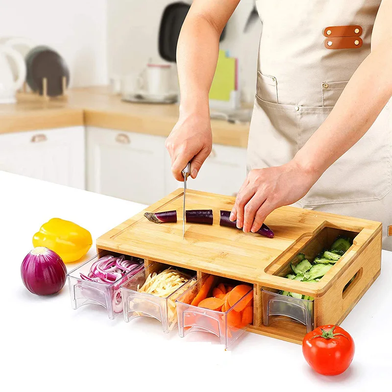 Household bamboo cutting board creative bamboo cutting board kitchen cutting board with 4 classification storage drawers