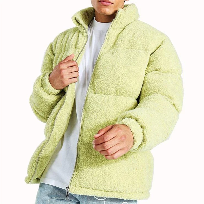 OEM custom fleece fabric zip green stand up collar winter borg puffer jacket for men