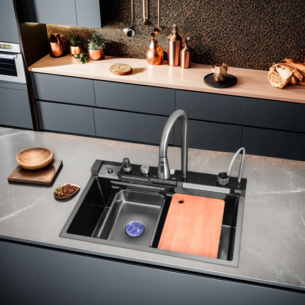 Stainless Steel Apron Farmhouse Handmade Kitchen Sink Light Emitting Diode Smart Waterfall Multifunctional Kitchen Sinks
