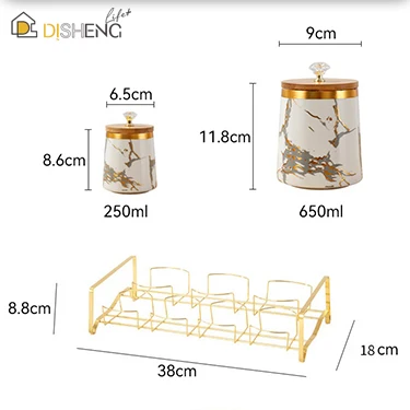 Luxury Gold Marble Seasoning Condiment Container Set Kitchen Ceramic Storage Jar with Diamond Bamboo Lid
