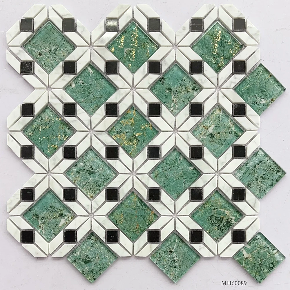 Green And White Polished Ceramic Tiles Wall And Floors Watejet Mosaic