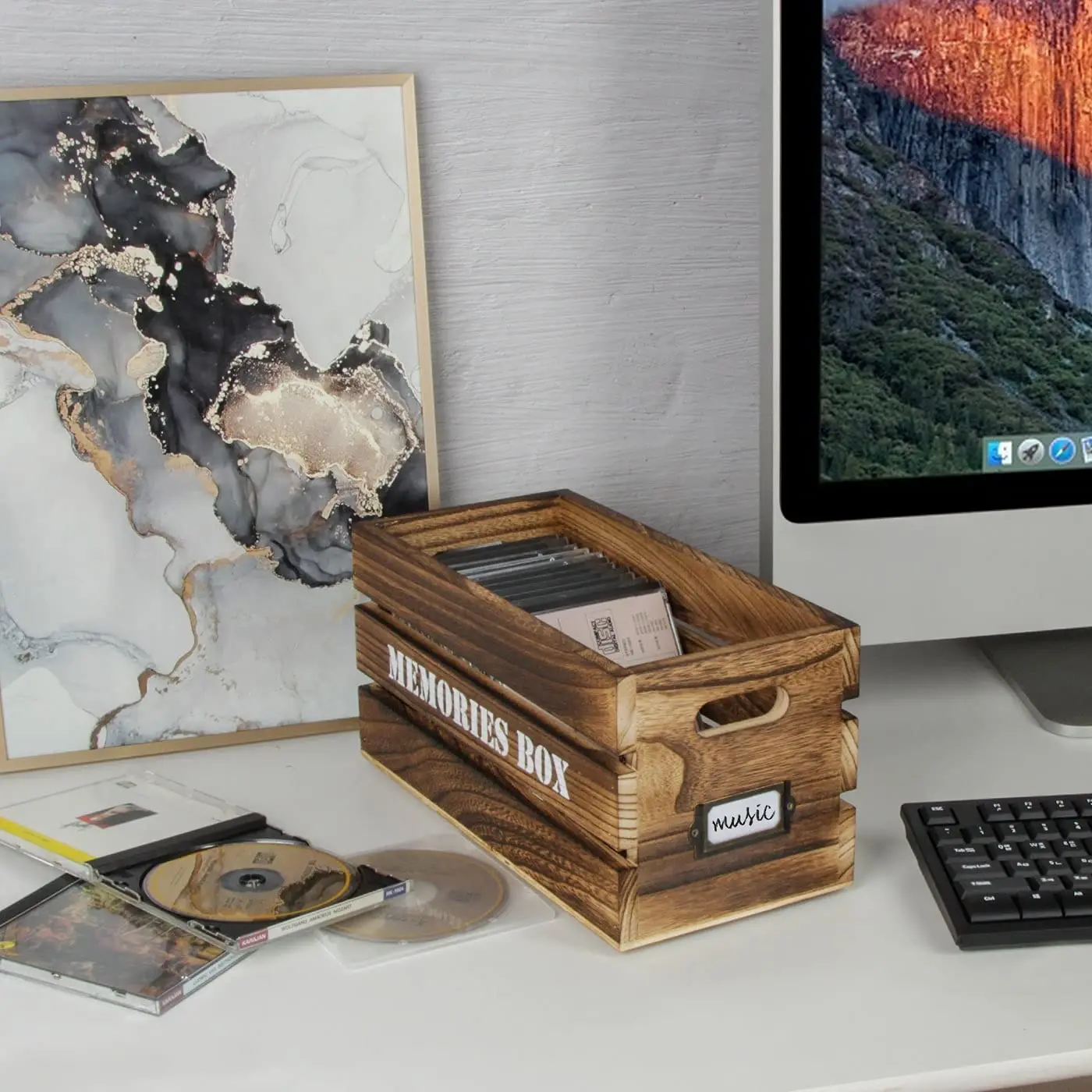 CD Storage Box Holder Case Tray with Handles, Rustic Wood Media Tray Box Holds 30 CD Cases for Home Storage and Organization