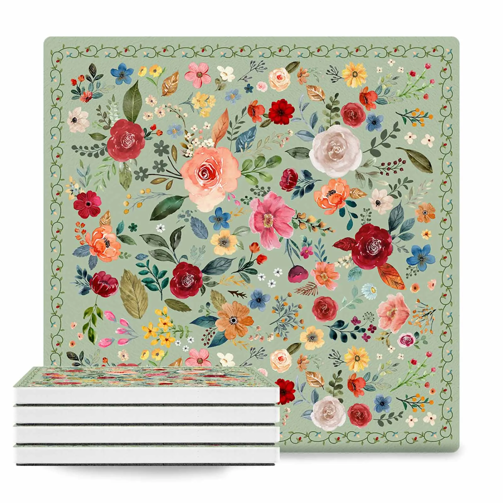 Custom LOGO Vintage Watercolor Flower Square Stone Mat Absorbent Ceramic Coaster for Coffee Table Bar Decor Housewarming Gifts