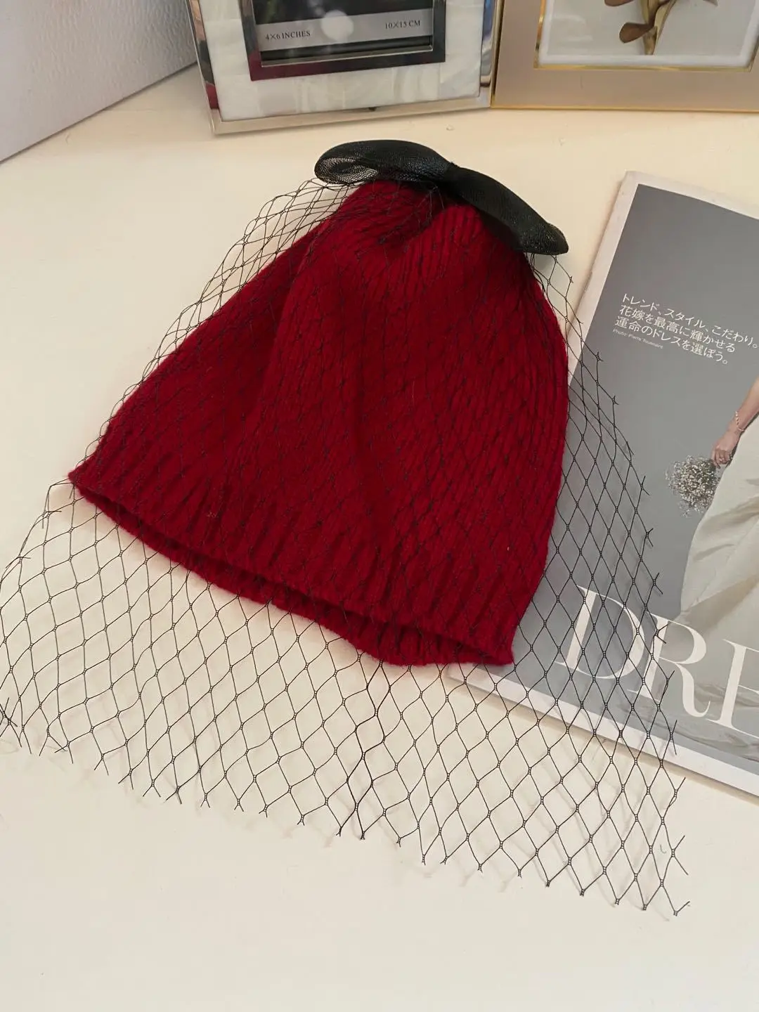 fashion womans beanie winter hats Chunky Stretch Knitted Beanie Hat Skull Thick Ski hat with bowknot & mesh veil