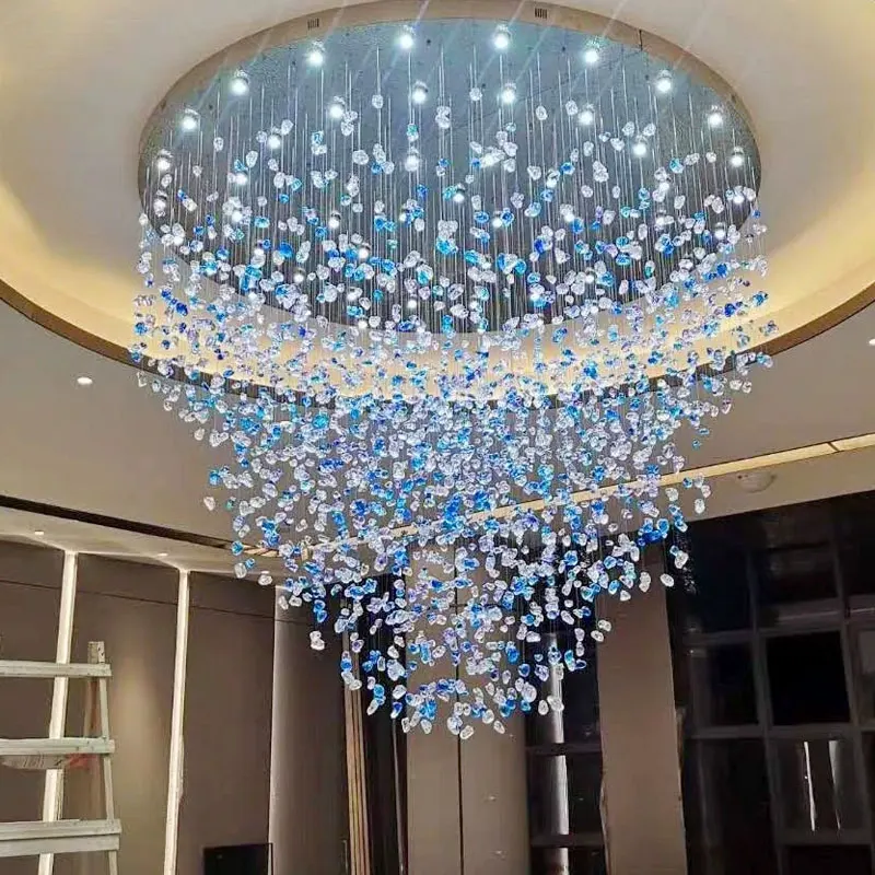 Hanging Colorful Stone Light Grand Show Room Hotel Lobby Large Glass Custom Chandelier Lamp