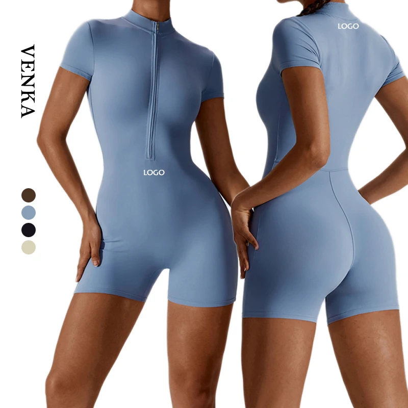 Custom Brand Ladies High Stretch Soft Sports Clothing Zipper High collar short sleeved Yoga Dance Jumpsuit Women Workout Wear