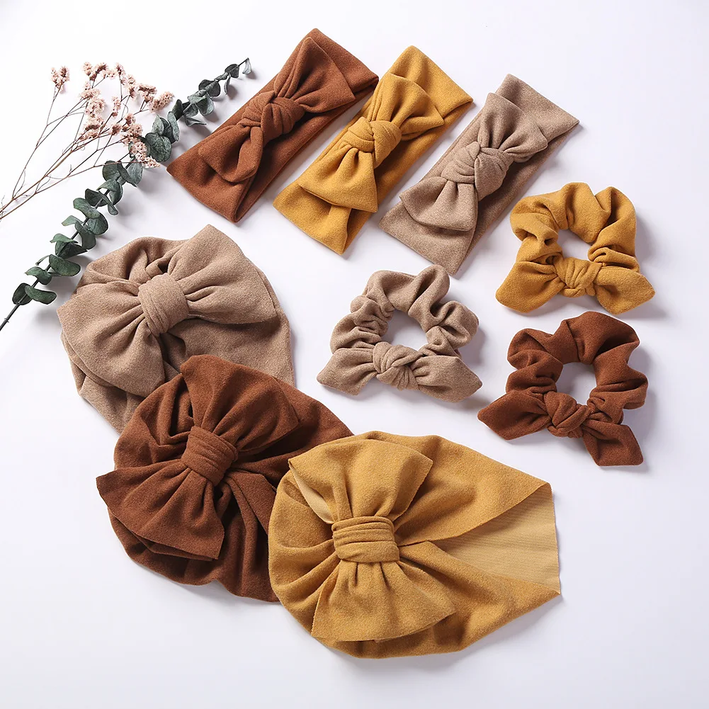 Simple Solid Color Winter Autumn Warm Baby Hat And Headband Sets Baby 3 Pcs Parent-Child Hair Accessories Set Baby Bow Beanie