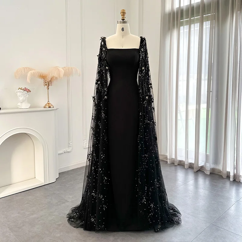 Jancember LSCZ192 Floral Print Party Evening Dress Luxury Square Collar Sequins with Cape for Women Black Natural OEM Service