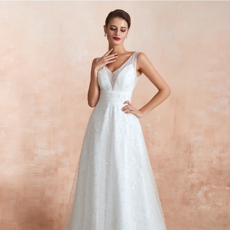 2022  Ladies Evening Fashion A-Line Backless Pearl White Bridal Wedding Dresses