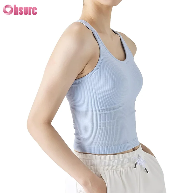 Bodybuilding Nylon & Spandex Blend Rib Fabric Chest Pad Yoga Wear Women Crop Tank Tops