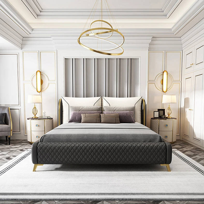 High Quality Double Bed Queen Size Princess Leather Bed Simple Modern Luxury Bed for King Bedroom Set