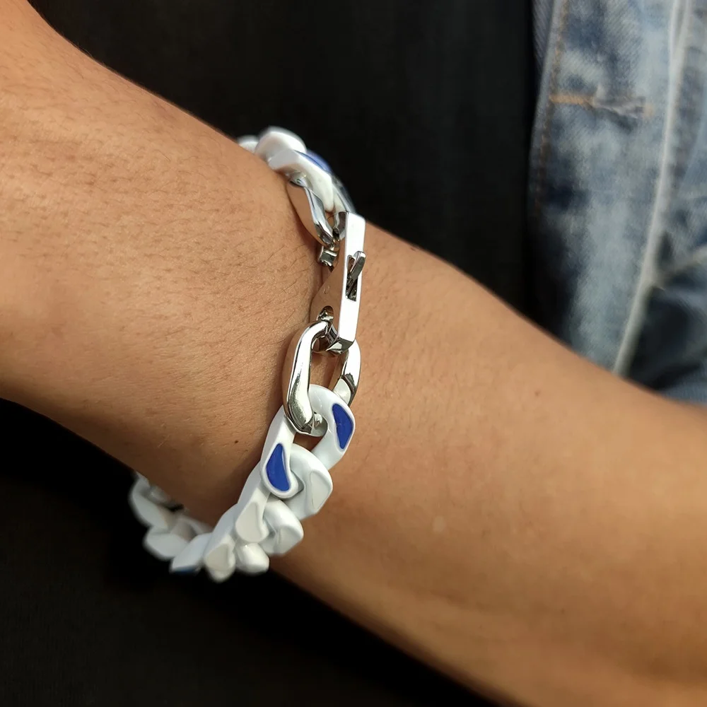 VEROMCA Blue Sky and White Cloud Stainless Steel Baking Varnish Cuban Chain Bracelet Titanium Steel Necklace