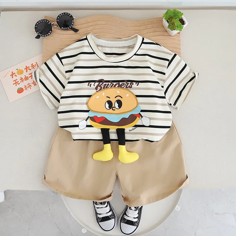 Baby Boy Summer Cute Cartoon Stripe Design T-shirt Cotton Short Clothing Two-piece Sets