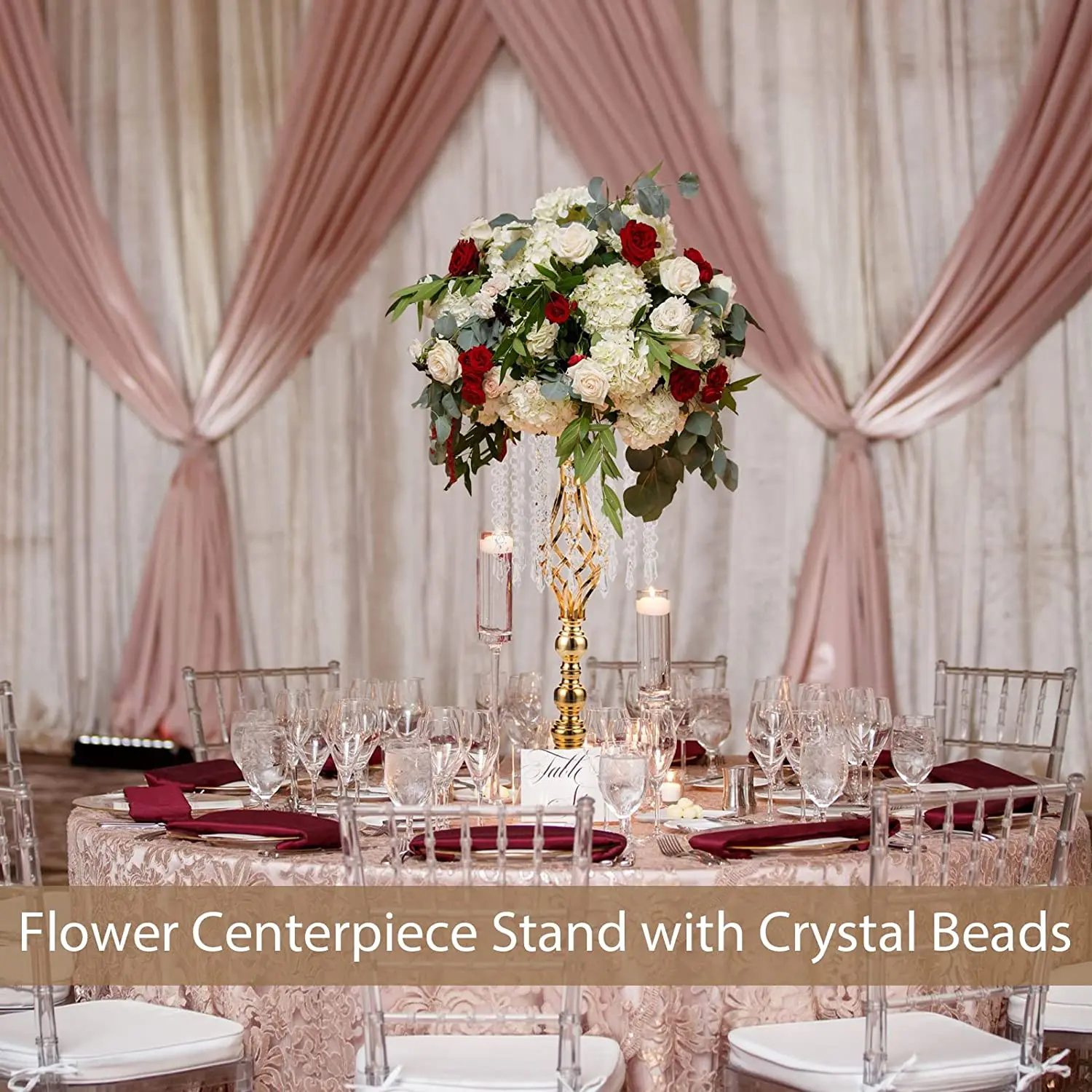 Metal Gold Wedding Centerpieces Table Decorations Flower Stand Vases Holder with Crystal Bead Chain For Party Wedding Decor