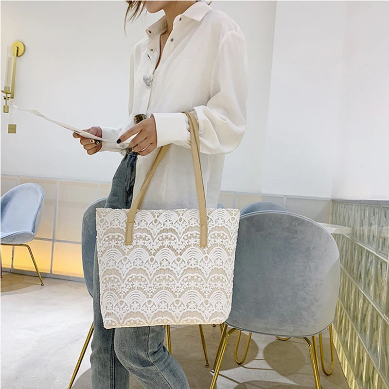 2022 OMOI Custom Plain Hand Made Canvas Lace Cotton Women Shoulder Bag Hand Bag Tote Bags With Custom Printed Logo For Women