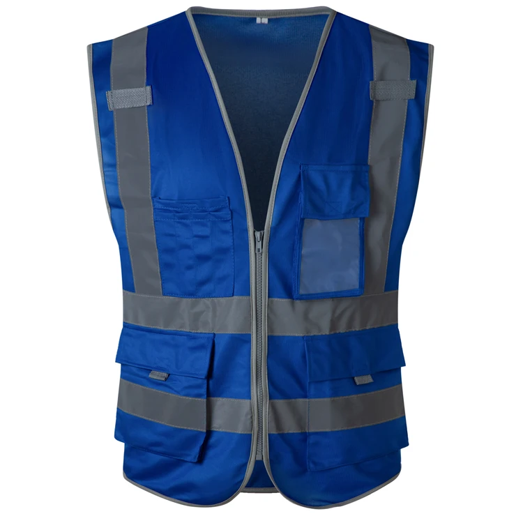 
Blue color heavy duty airport reflective safety vest custom with transparent pocket  (1600068640735)