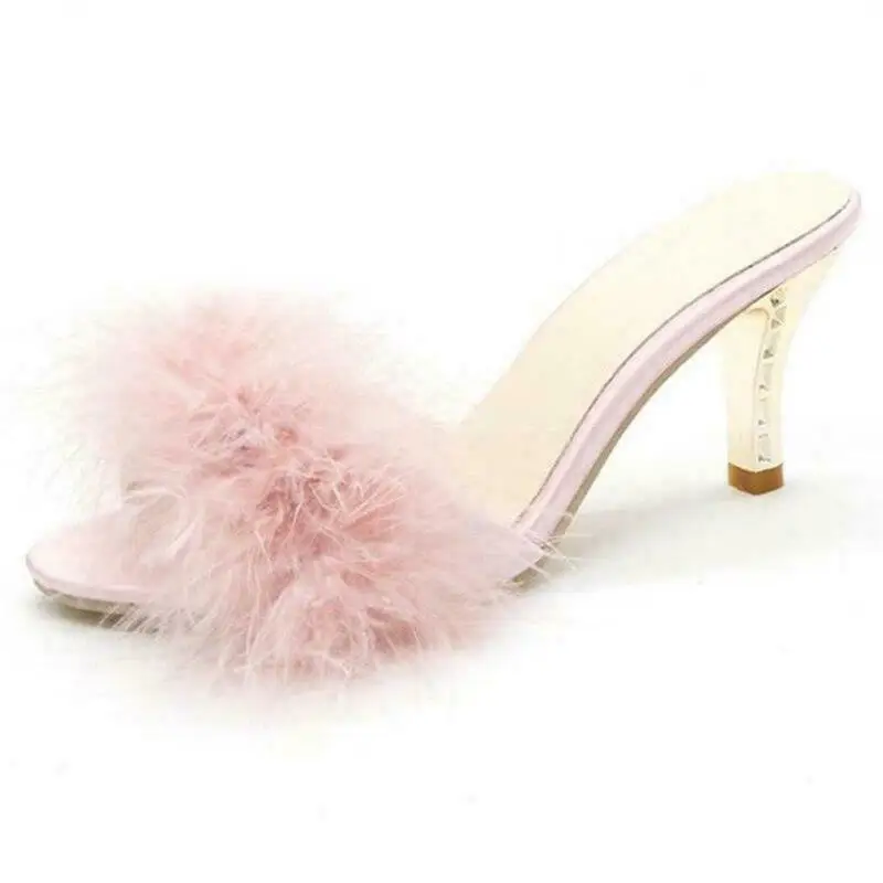 Womens Fluffy fur slides wedges heel boots high heel slippers Fashion Open Toe Mules Shoes Pumps Fur Heels for womenwith fur
