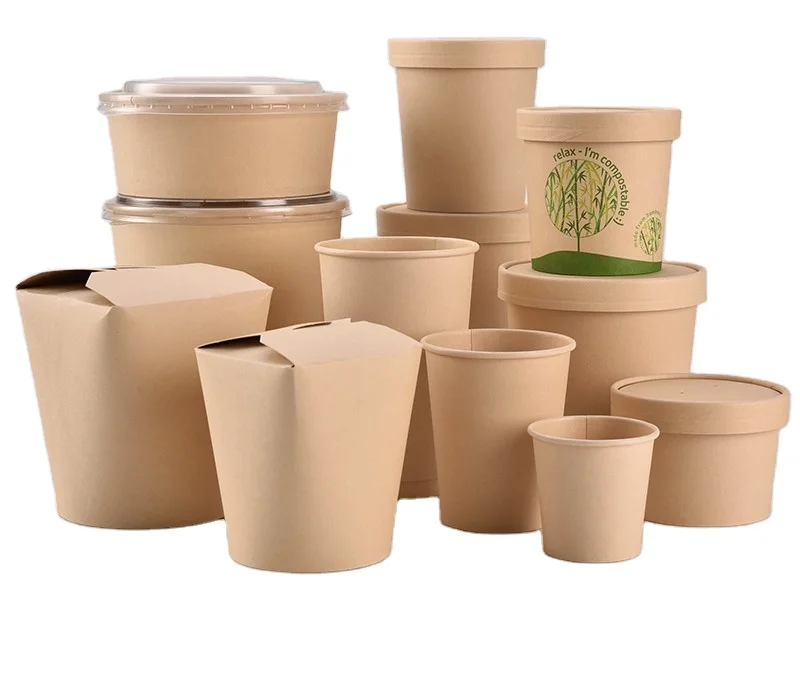 Wholesale custom logo compostable hot food delivery container kraft round paper food packaging box soup cup with lid