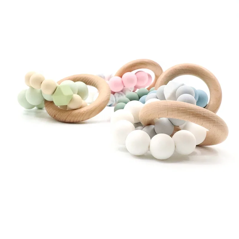 Silicone Beads Natural Wooden Teething Circle Ring Rattle Baby Teething Bracelet