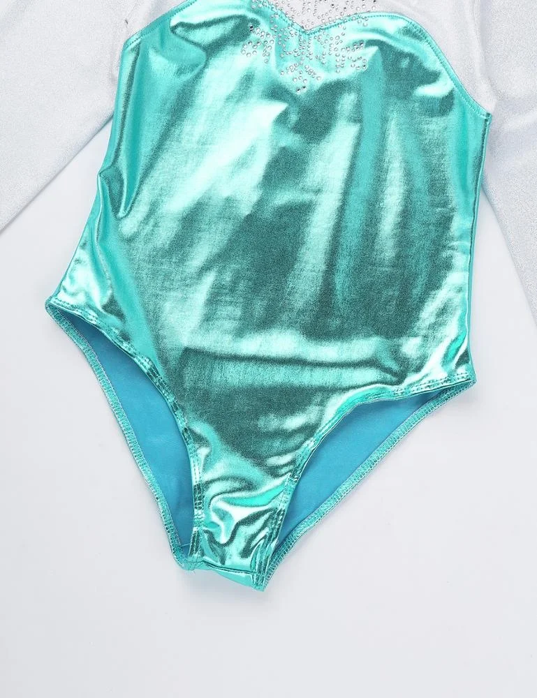 Детская одежда с длинными рукавами для маленьких девочек, блестящие металлические снежинки с горным хрусталем для бальных танцев гимнастический купальник Цельный купальник для девочек; Детское платье для танцев и износа