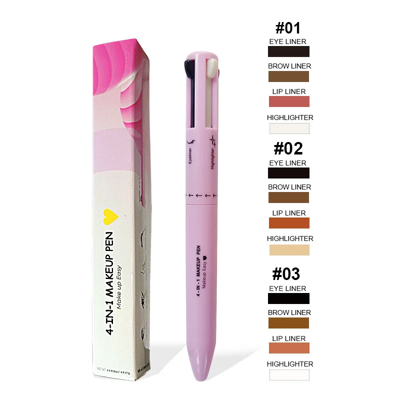 Vegan cruelty free multifunctional eyeliner lipliner highlighter eyebrow pencil private label custom 4 in 1 makeup pen