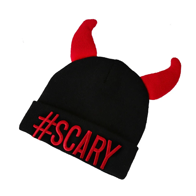 Fashion cute winter cuff knitted custom 3d embroidery logo beanie hat with horns