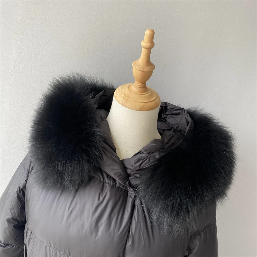 Windproof Warm Soft Slim Style Feather Down Puffer Coat Hoodie Luxury Real Fur Collar Custom Logo Winter Women Long Down Coat