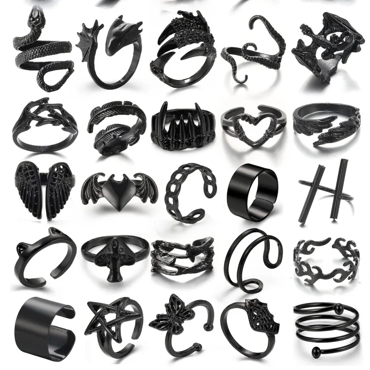 New 925 Sterling Silver Open Adjustable Retro Punk Black Ring Snake Bat Spider Shape Cool Gothic Halloween Ring for Unisex