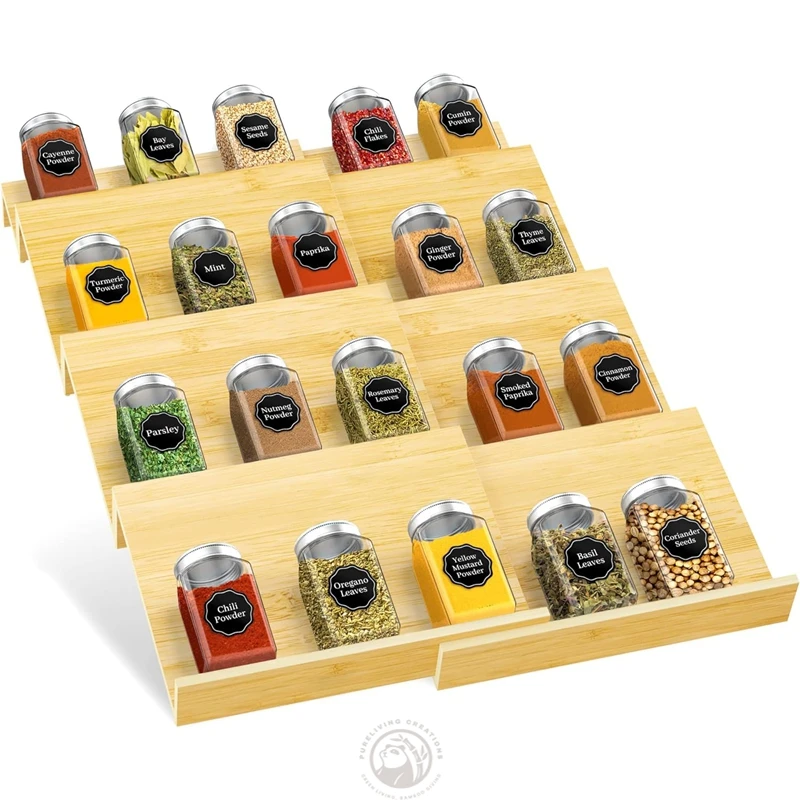 Bamboo Wooden Expandable Spice Drawer Organizer for 24 or 48 or 64 Spice Jars, 4 Tier Spice Rack Tray for Kitchen Drawer Cabinet