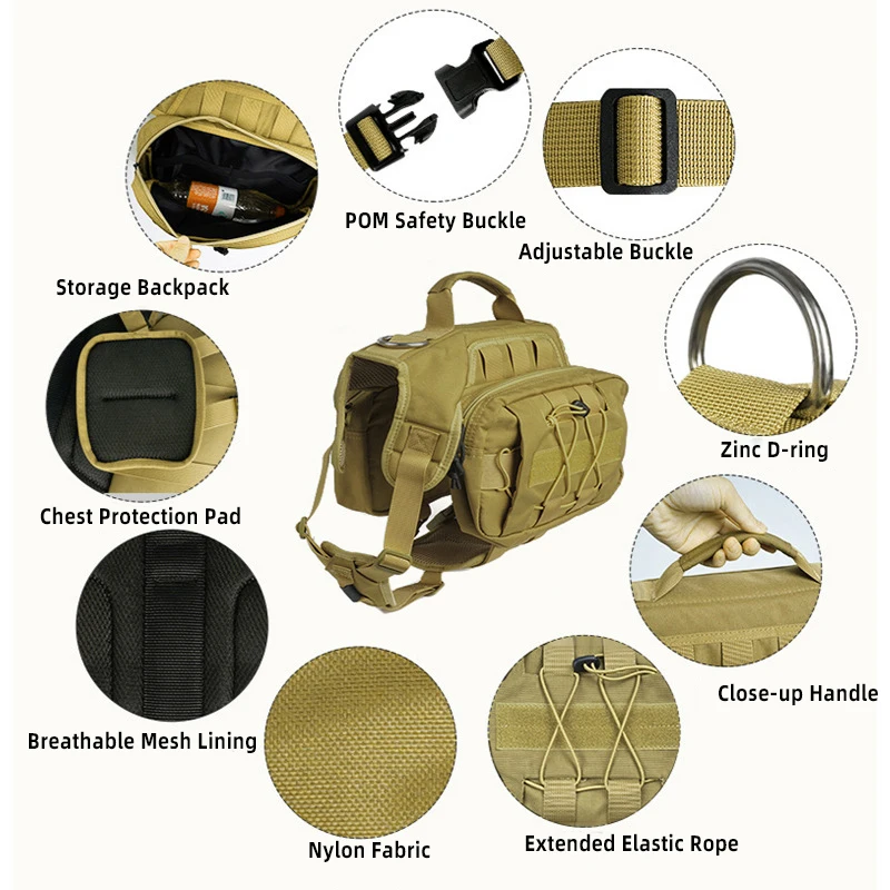 Molle System Tactical Dog Harness Vest Safety Easy Control K9 Dog Backpack Training Harnesses for Large Medium Sized