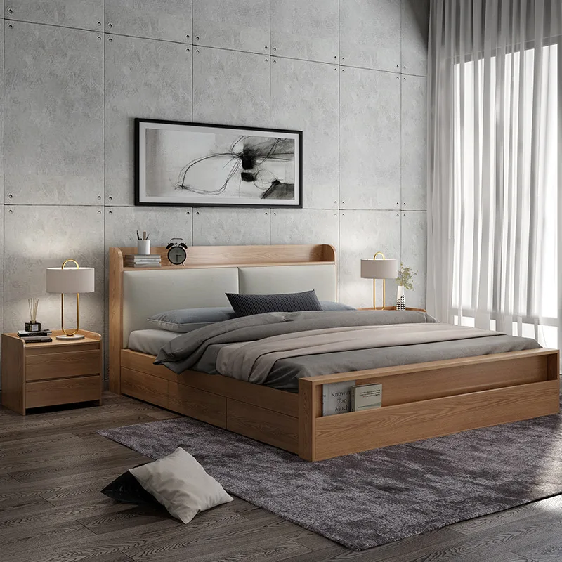 Modern up-holstered beds bedroom set king queen size wood bed with storage drawers