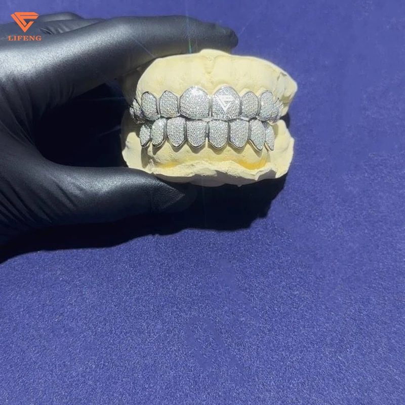 Custom HIphop Sterling Silver Teeth Grillz Honeycomb Setting VVS Moissanite Perm Cut Diamond Iced Bling Bling Jewelry