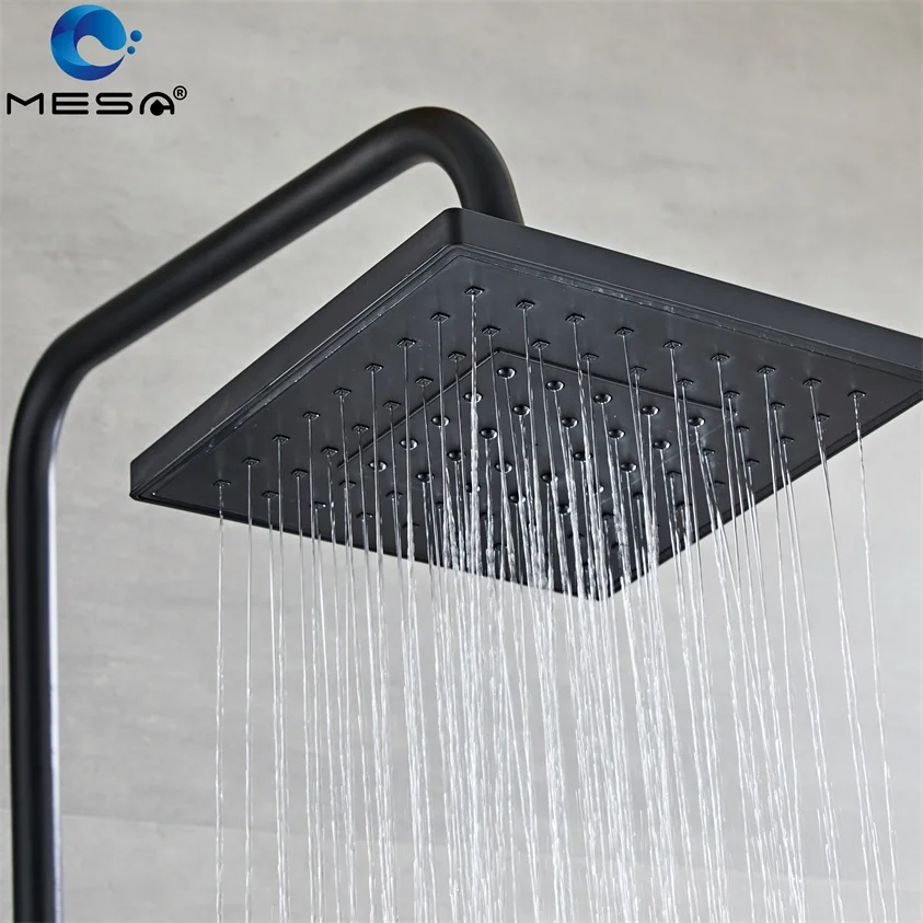 MESA 3 Function Black Shower Systems with Rain Shower Handheld Spray Gun and Shelf