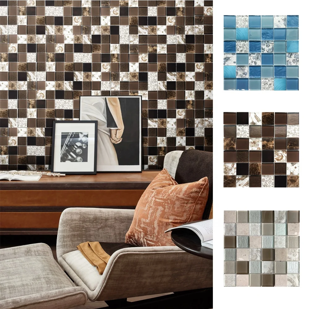 Elegant Art Arabesque Mixed Glass Natural Stone Mosaic Bathroom Pool Tiles Glass Mosaic Square Marble Mosaic Tile