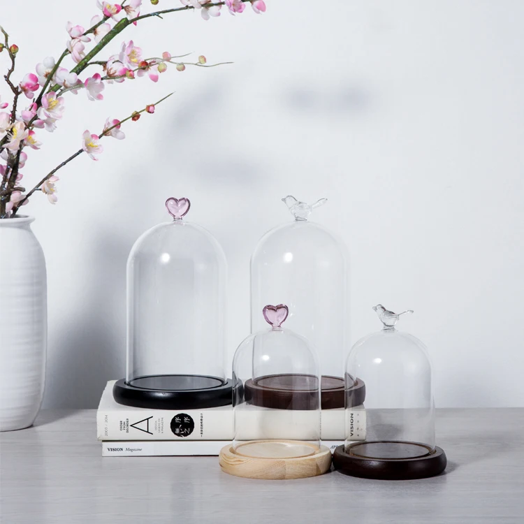 Heat Resistant Borosilicate Glass Clear Dust Proof Glass Bell Jar Cloche Glass Dome with Cute Heart Handle and Wood Base