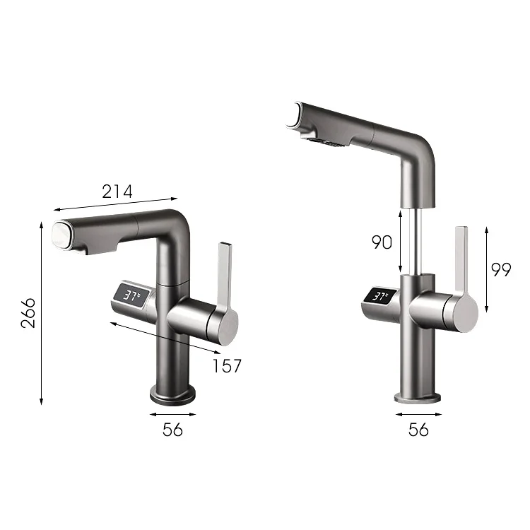 Kidolux Pull Out Basin Faucet Led Temperature Digital Display Basin Faucet No Splash Hot And Cold Water Taps for Face Wash Basin