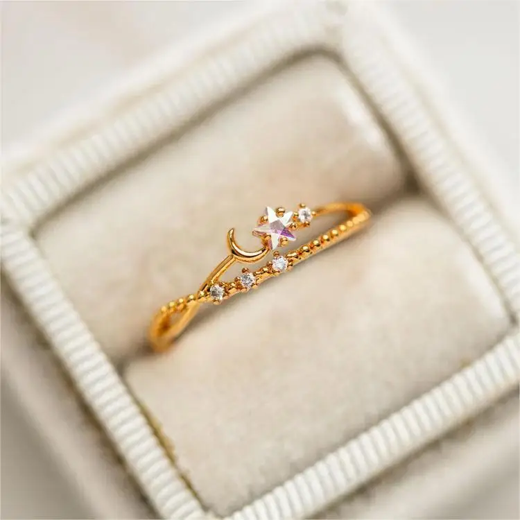 New Design Fashion Jewelry S925 Gold Plated CZ Twist Double Cross Sparkle Star Moon Ring Band