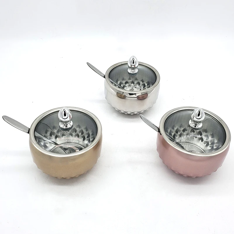 
Sugar Jar Glass Cover Three Flavor Flavoring Pot Coffee Companion Factory Direct Sale Stainless Steel Sugar Bowl Color Box Metal 